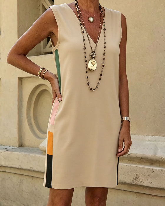 Robe Col V Sans Manches Bloc De Couleur