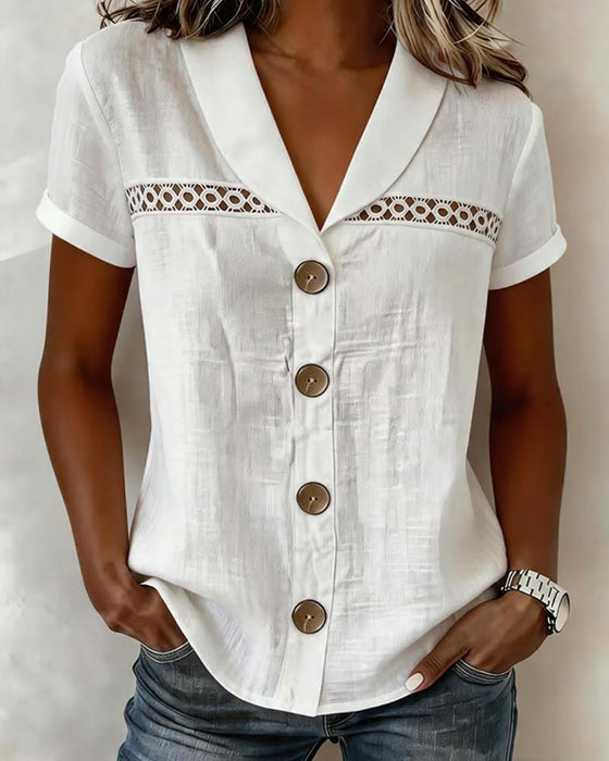 Blouse Col V Bouton Découpé Uni