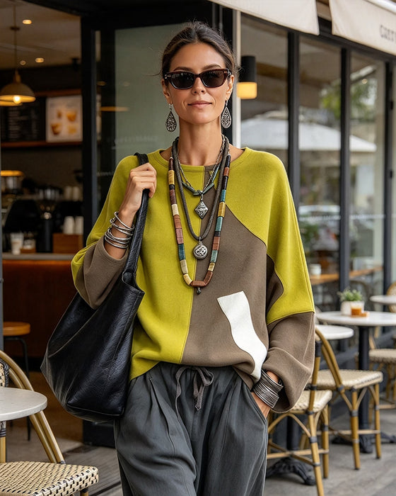 Haut Col Rond Manche Raglan Bloc De Couleur