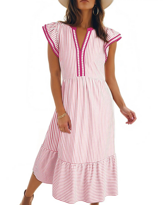 Robe Rayée Double Volant Manches Courtes