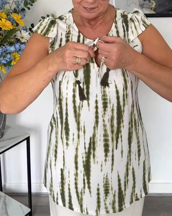 Blouse Manches Feuille De Lotus Pompon Tie-Dye