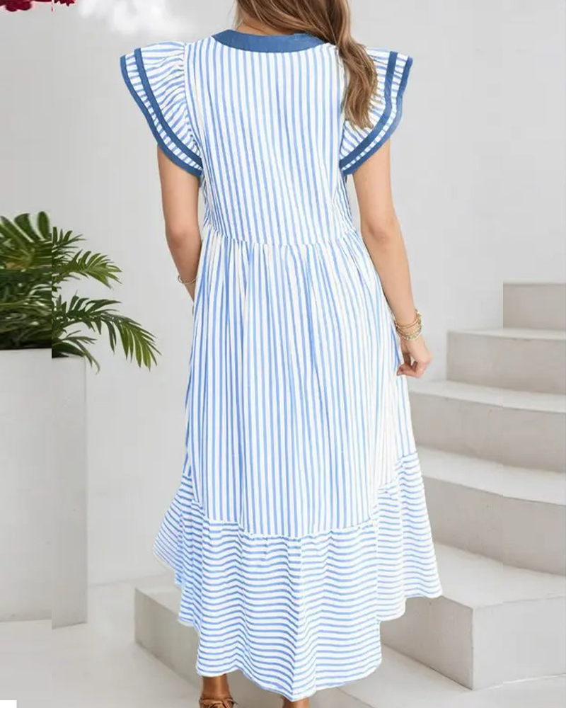 Robe Rayée Double Volant Manches Courtes