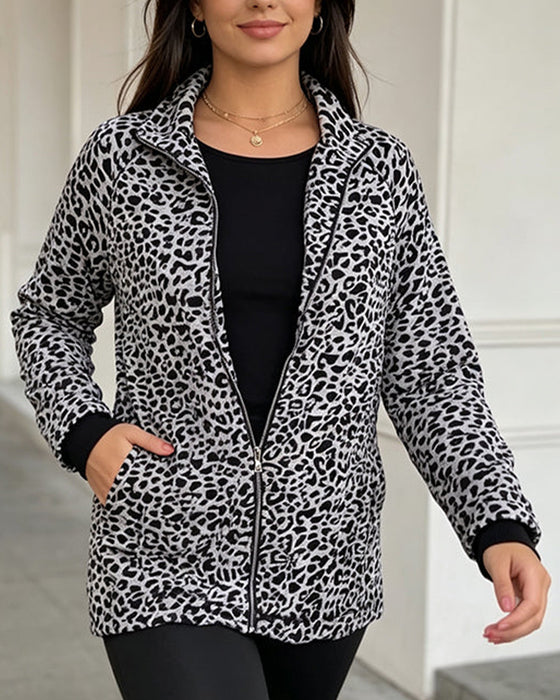Manteau Léopard Col Monté Fermeture Éclair