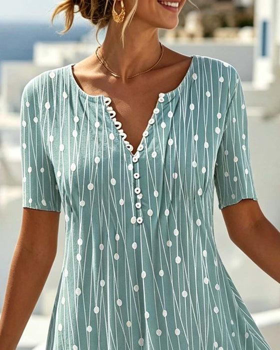 Robe Col V Bouton À Pois Rayé