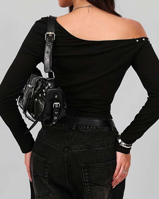 Haut Off-Épaule Clouté Cintré Coupe Slim