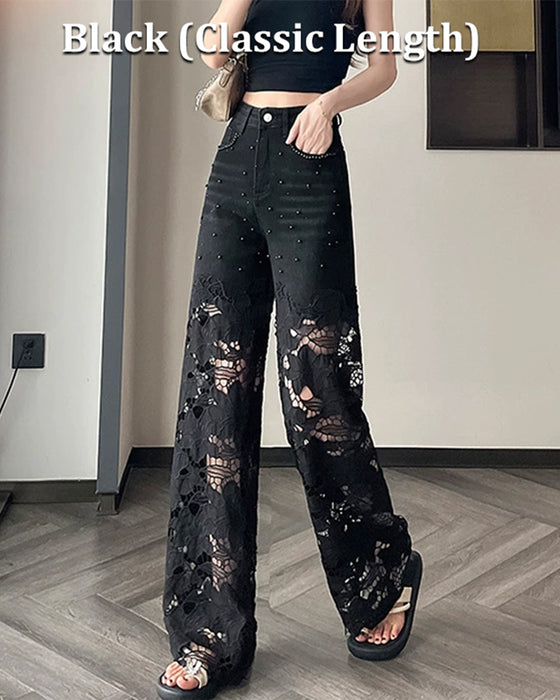 Jeans Femme Strass Découpé Jambe Large