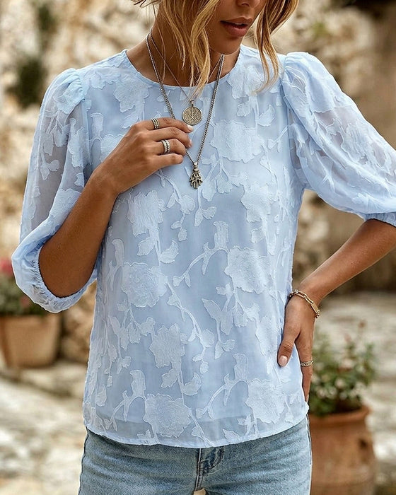 Blouse Col Rond À Manches Bouffantes