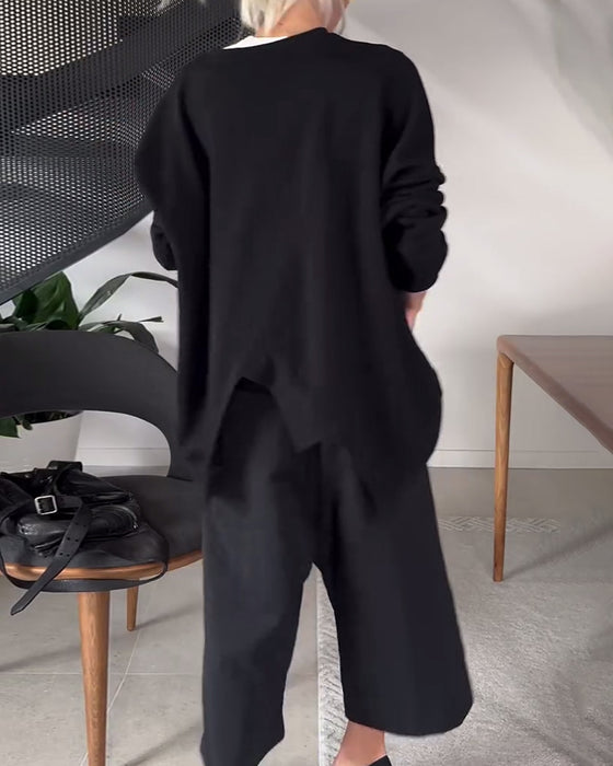 Sweat-shirt décontracté à col rond et fente de couleur unie