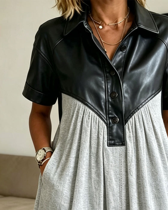 Robe PU Cuir Patchwork Manches Courtes Chemise