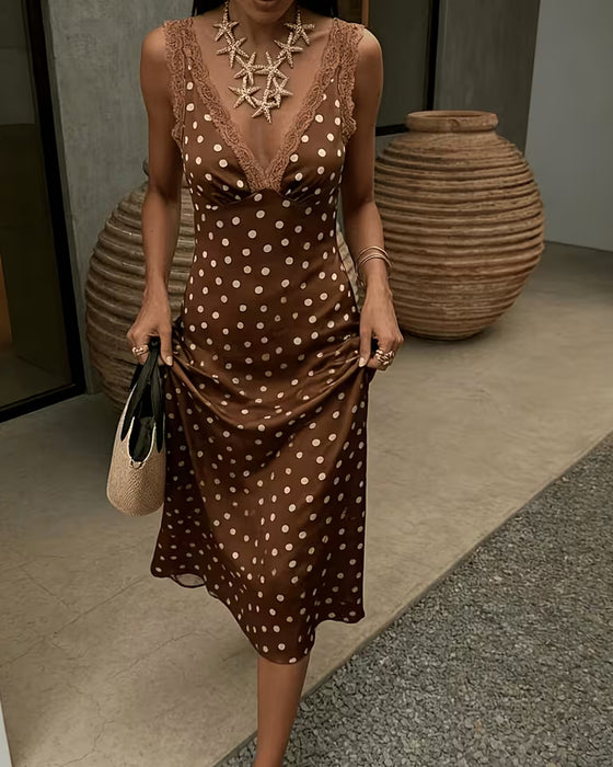 Robes Col V Polka Dot Dentelle Patchwork