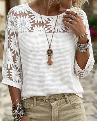 T-Shirt Col Rond Dentelle Gaufrage Patchwork