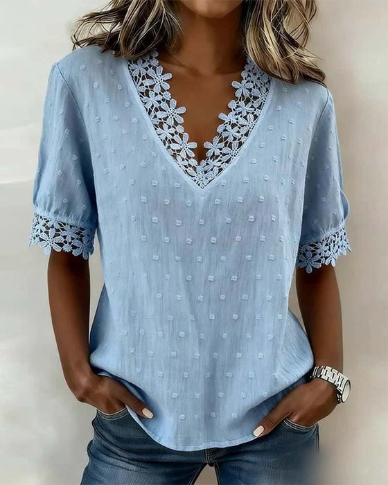 Blouse Dentelle Col En V 3D Fleuri Unie