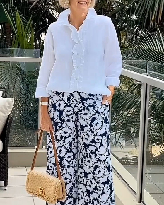 Chemisier À Volants Manches Longues Unie À Col