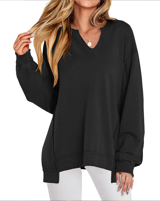Sweat Petit Col V Ample Décontracté Manches Longue