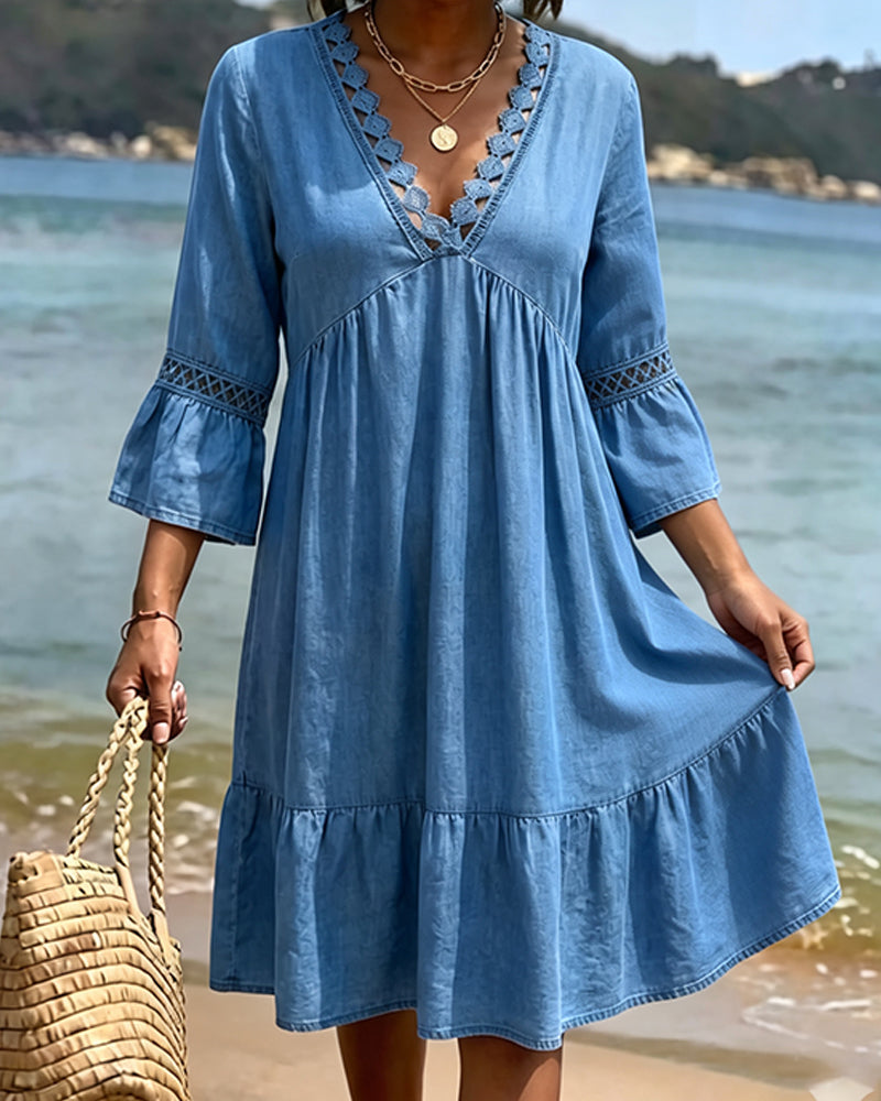Robe Col En V Manche Évasée Froncée