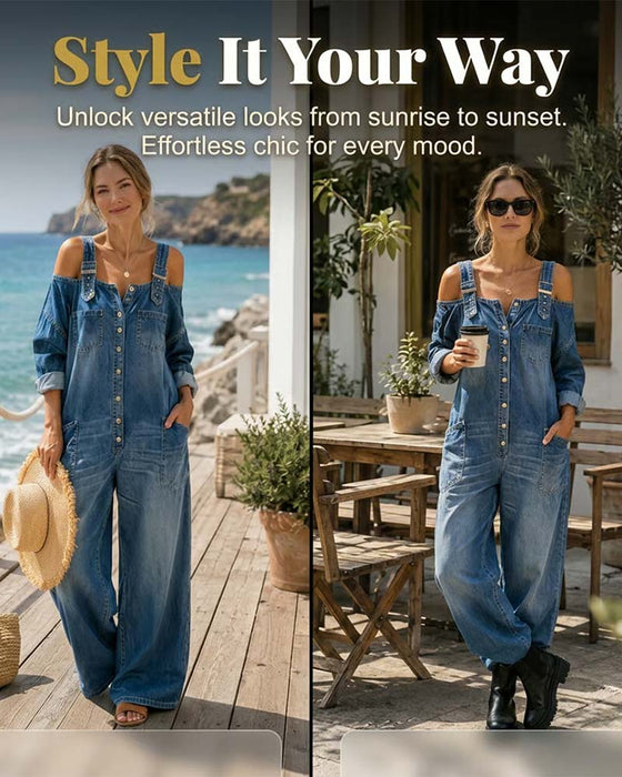 Jumpsuit Bretelle Spaghetti Épaule Dégagée Jambe Large Denim