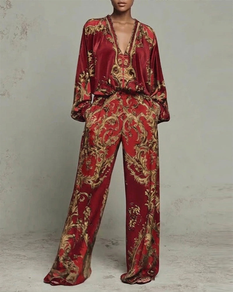Ensemble Col En V Manche Lanterne Large Jambe Pantalon