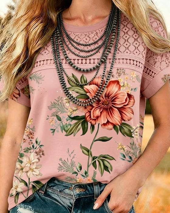 T-Shirt Découpé Patchwork Manches Courtes