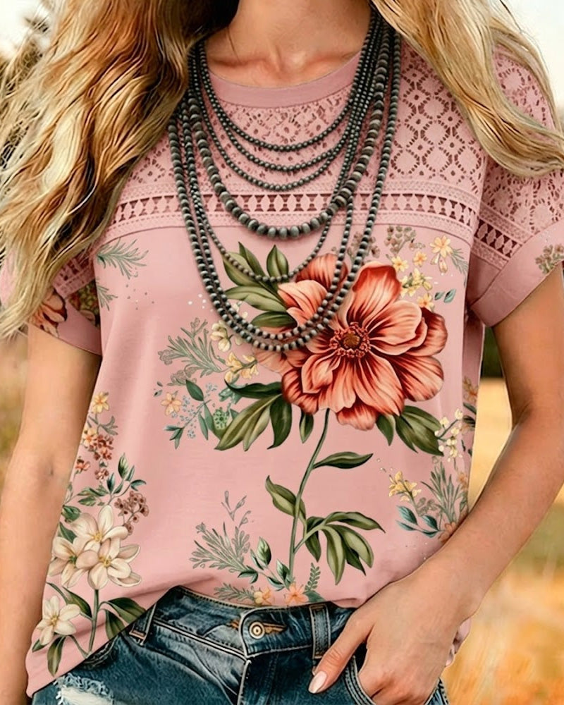 T-Shirt Découpé Patchwork Manches Courtes