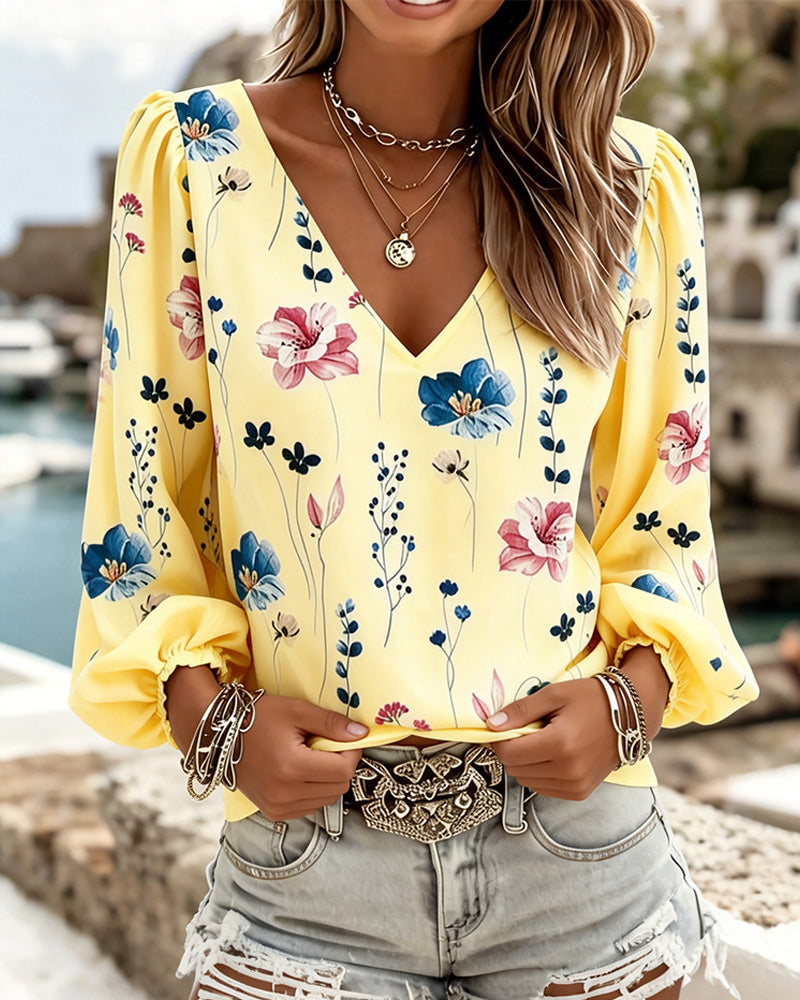 Chemisier Manche Lanterne Col V Floral