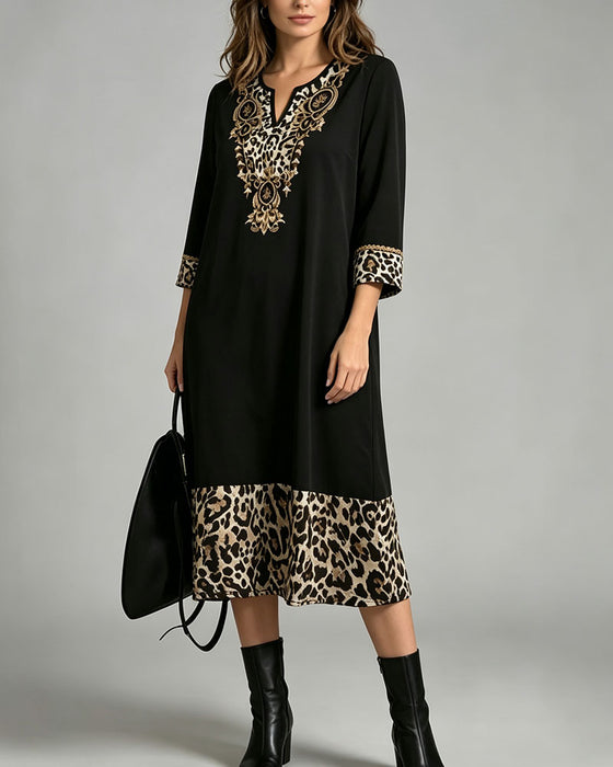 Dress Mini Col V Léopard Imprimé Patchwork Lâche