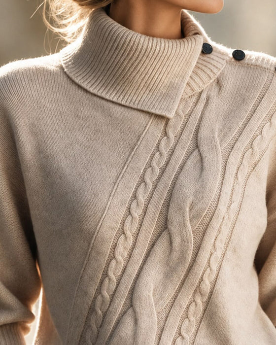 Pull Diagonal Tresse Col Roulé Boutonné