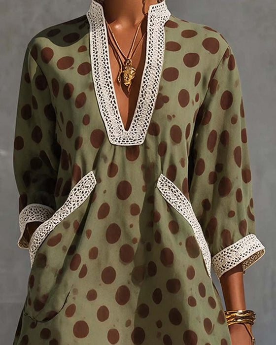 Robe Col V Polka Dot Poche