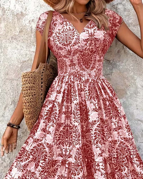 Robe Rétro Imprimé Col En V Taille Cintrée Longue
