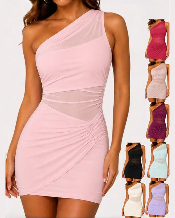 Robe Une Épaule Sheer Patchwork