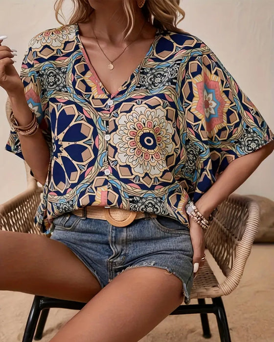 Blouse à demi-manches boutons avec col en V et imprimé rétro