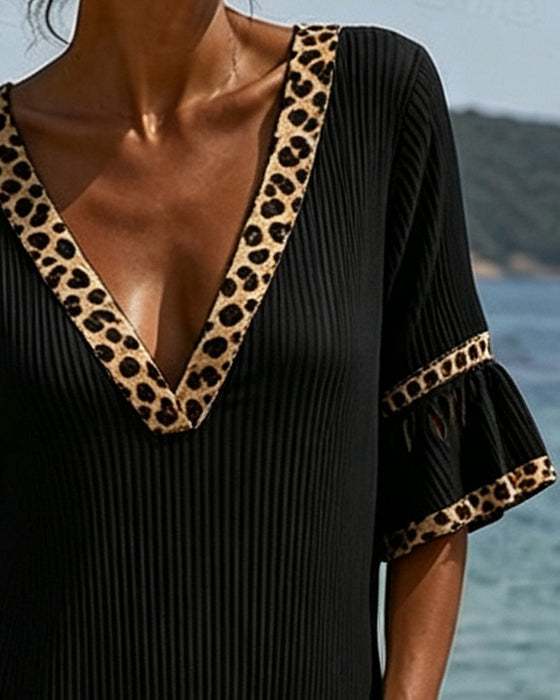 Robe Col En V Volant Léopard Patchwork
