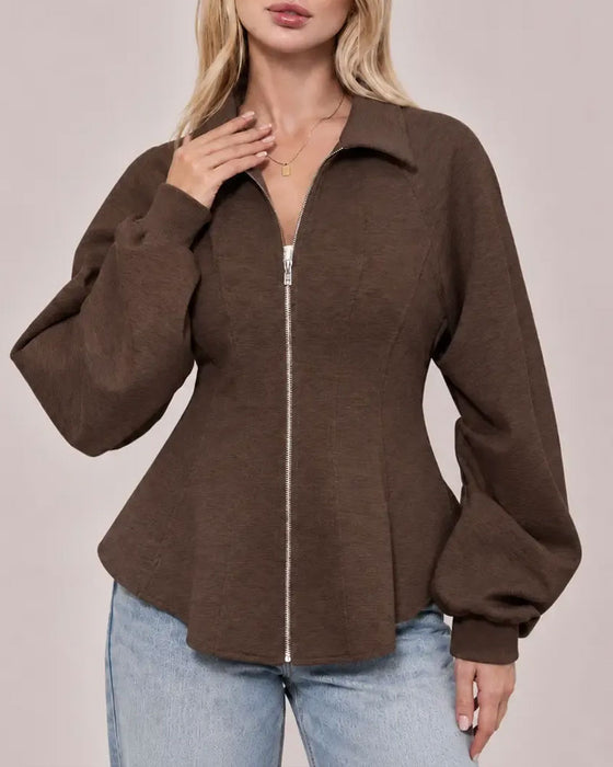 Manteau Revers Fermeture Éclair Taille Plissée