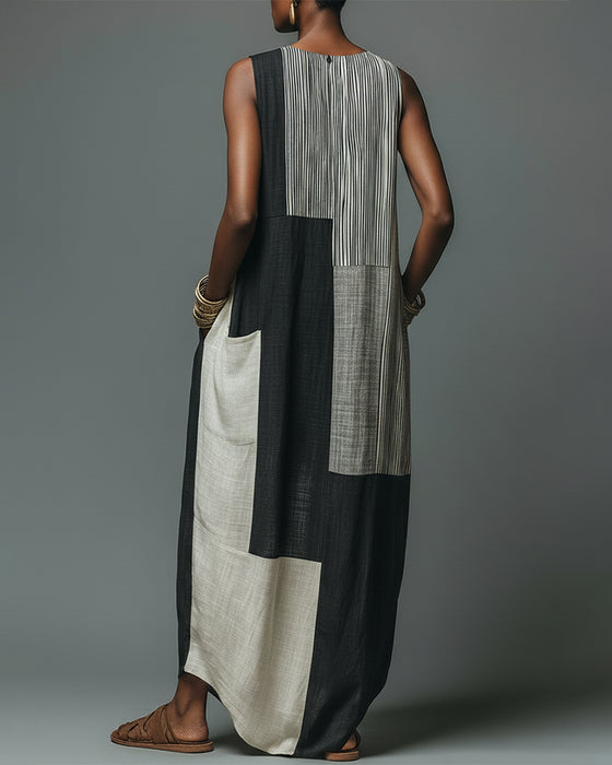 Robe Patchwork Sans Manches Bloc De Couleur Maxi