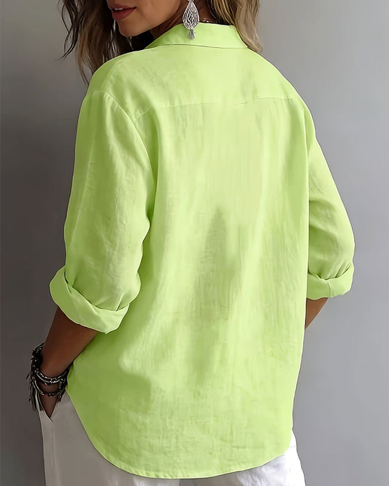Blouse Unie Col Patte Demi-Patron Manches Longues