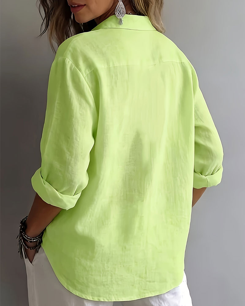 Blouse Unie Col Patte Demi-Patron Manches Longues
