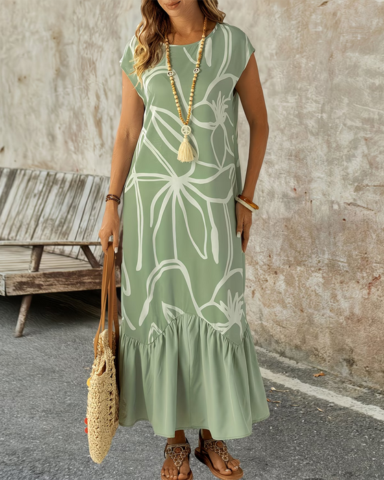 Robe Col Rond Géométrique Imprimé A-Ligne