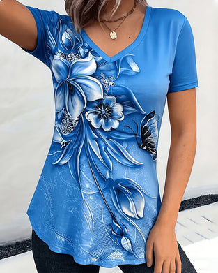 T-Shirt Floral Col V Manche Courte