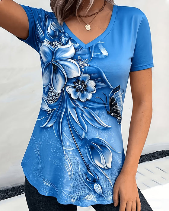 T-Shirt Floral Col V Manche Courte