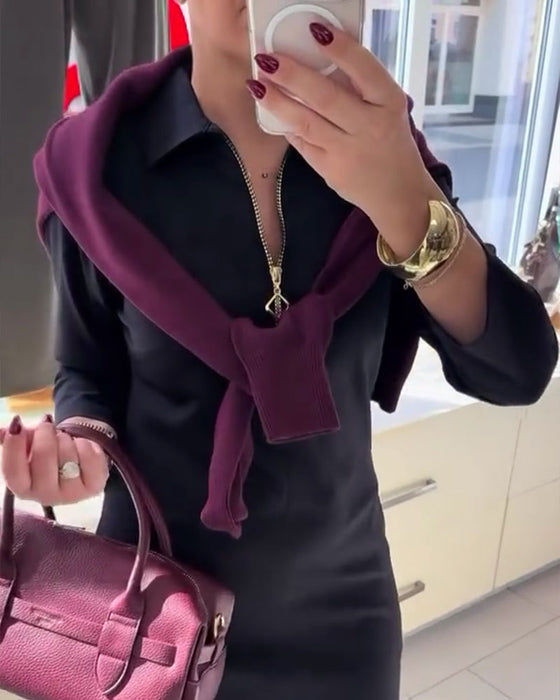 Robe Col Revers Fente Fermeture Éclair Manches Longues