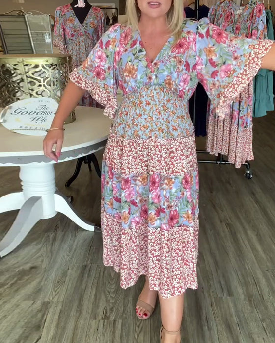 Robe Encolure En V Manche Lotus Fleuri