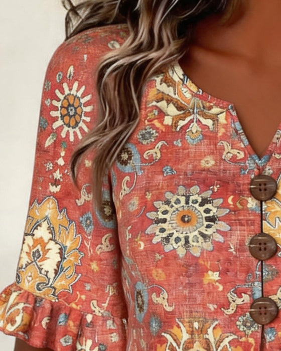 Blouse Imprimé Ethnique Manche Volantée