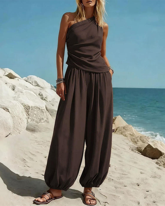 Set Haut Tank Top Une Épaule Taille Haute Pantalon