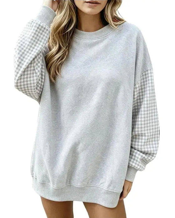 Sweatshirt Col Rond Écossais Patchwork Uni