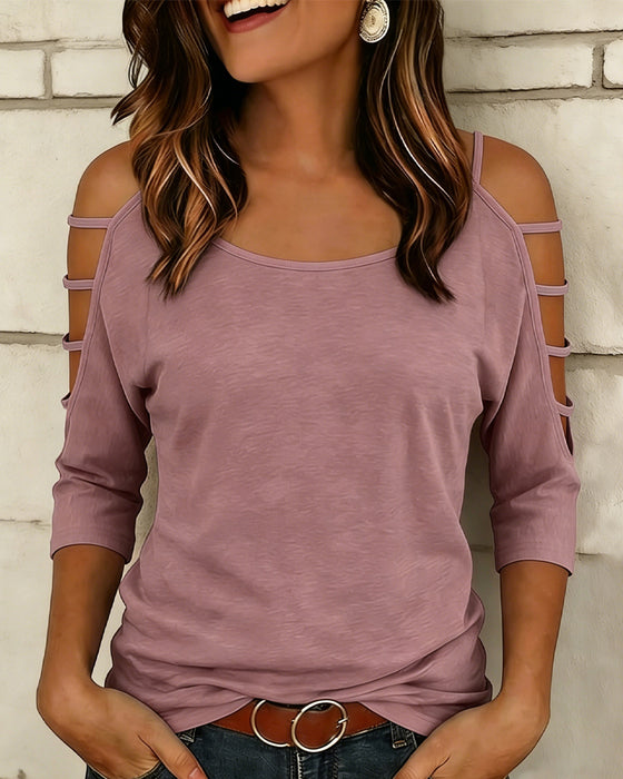 T-Shirt Unie Manche Coude Hors Épaule
