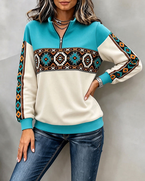Hoodie Imprimé Géométrique Ethnique Demi-Fermeture Éclair Col Mandarin