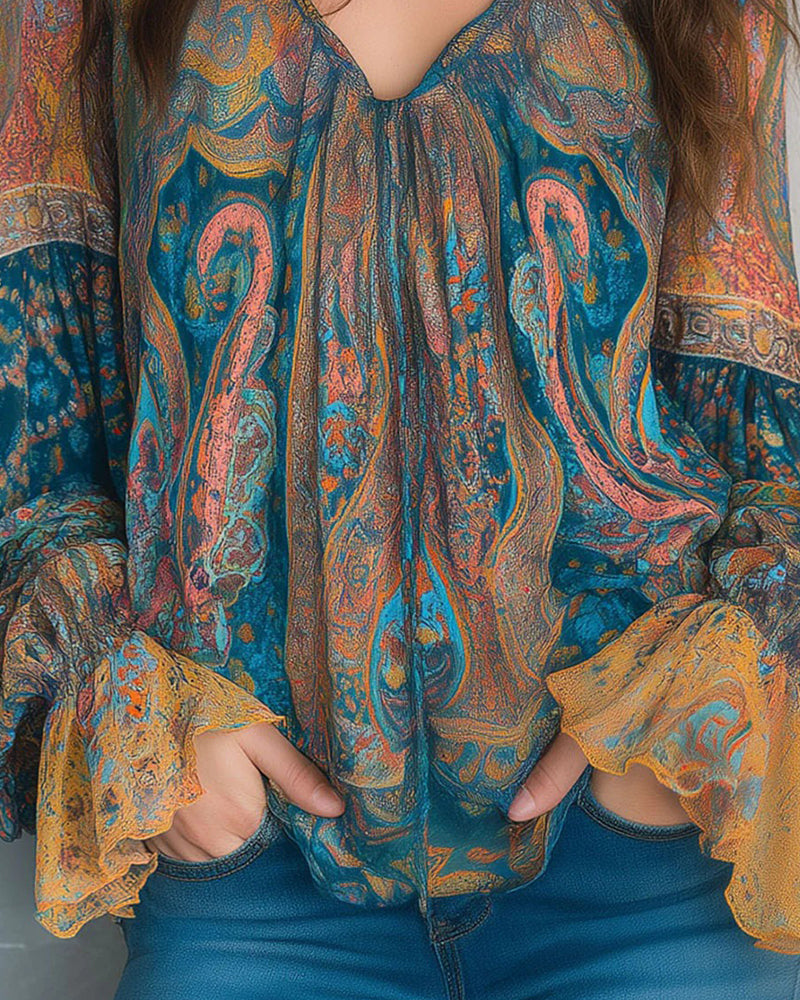 Blouse À Col V De Style Bohème À Manches Évasées