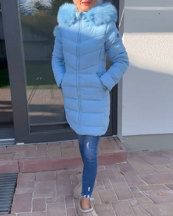 Veste matelassée décontractée à capuche avec poche zippée et couleur unie