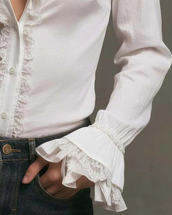 Blouse Garniture De Dentelle Manche Cloche