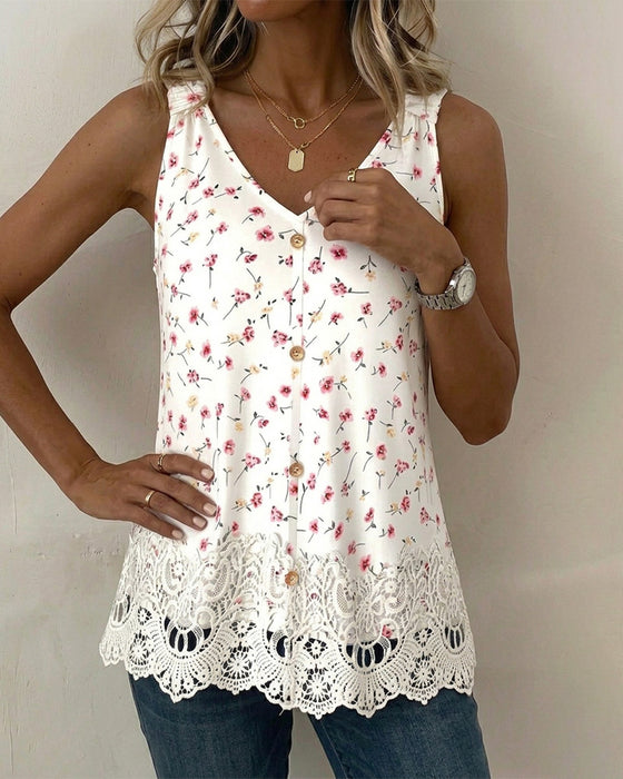 Tank Top Col V Bretelle Spaghetti Florale Dentelle Patchwork