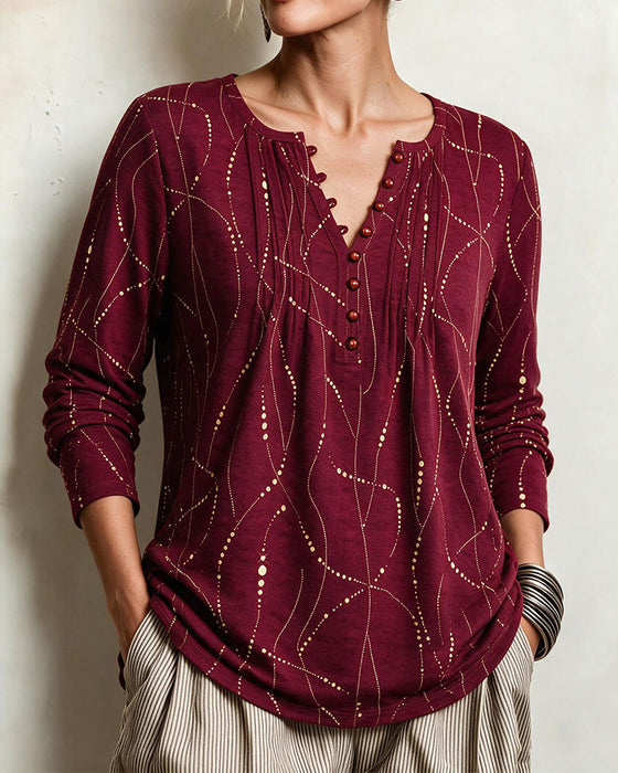 Blouse Col V Bouton Froncé Ligne